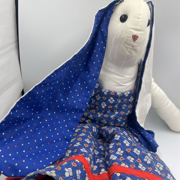 Vtg 90’s Handmade Muslin Long Eared Country Bunny Rabbit Quilted Overalls Easter - Picture 3 of 7